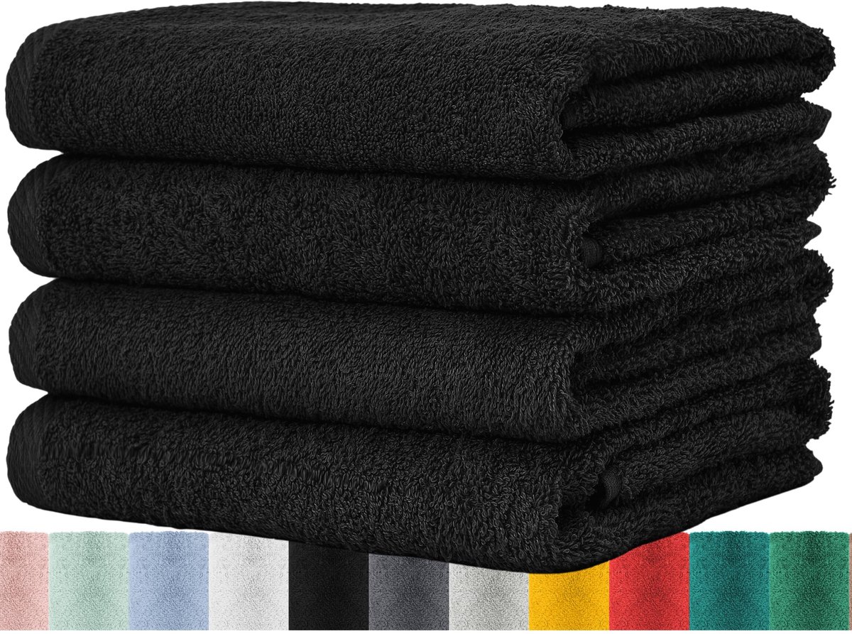 Omgoods - Set van 4 Terry Handdoeken Zwart 50x100 cm - 100% Katoen 400 g/m²
