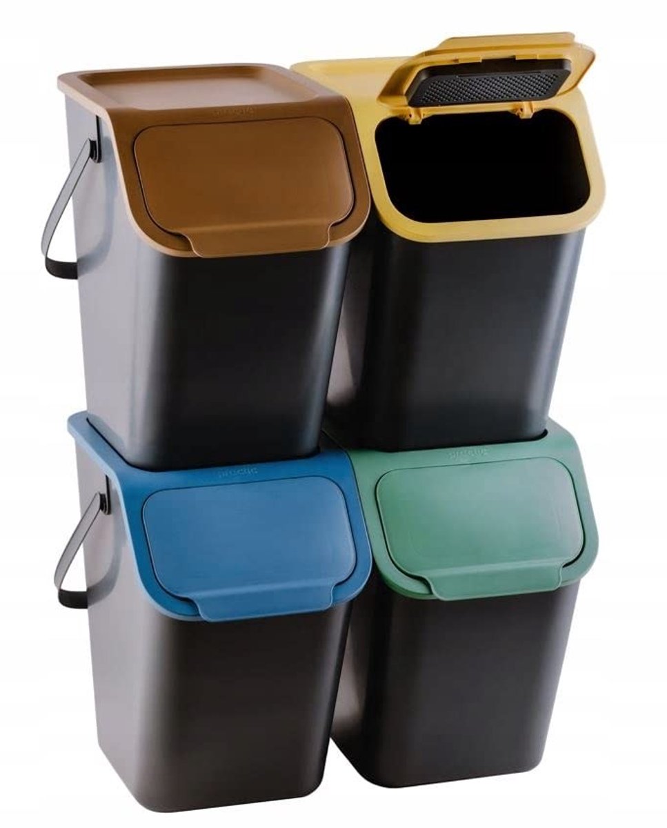 Omgoods - Set van 4 Afvalbakken met Deksel, 25 Liter, Voor Afvalscheiding