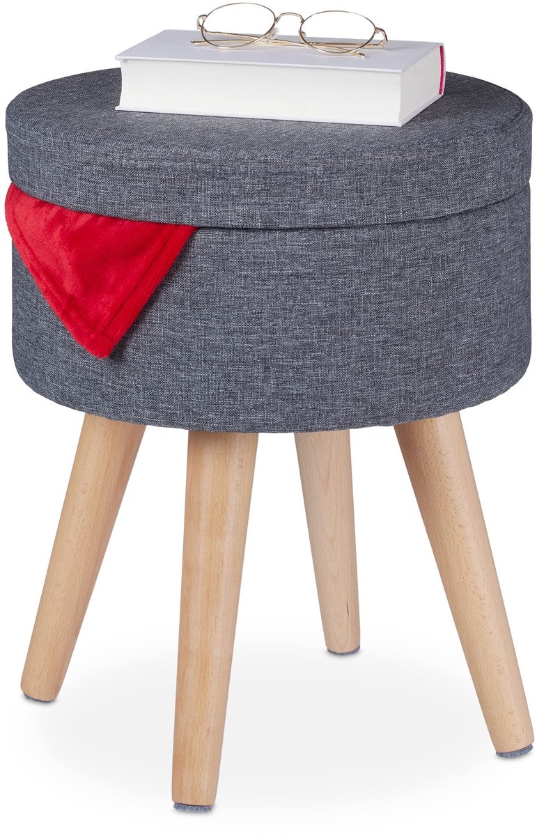 Omgoods - Pouf met Opbergruimte en Tafelblad in Grijs/Natuurlijk