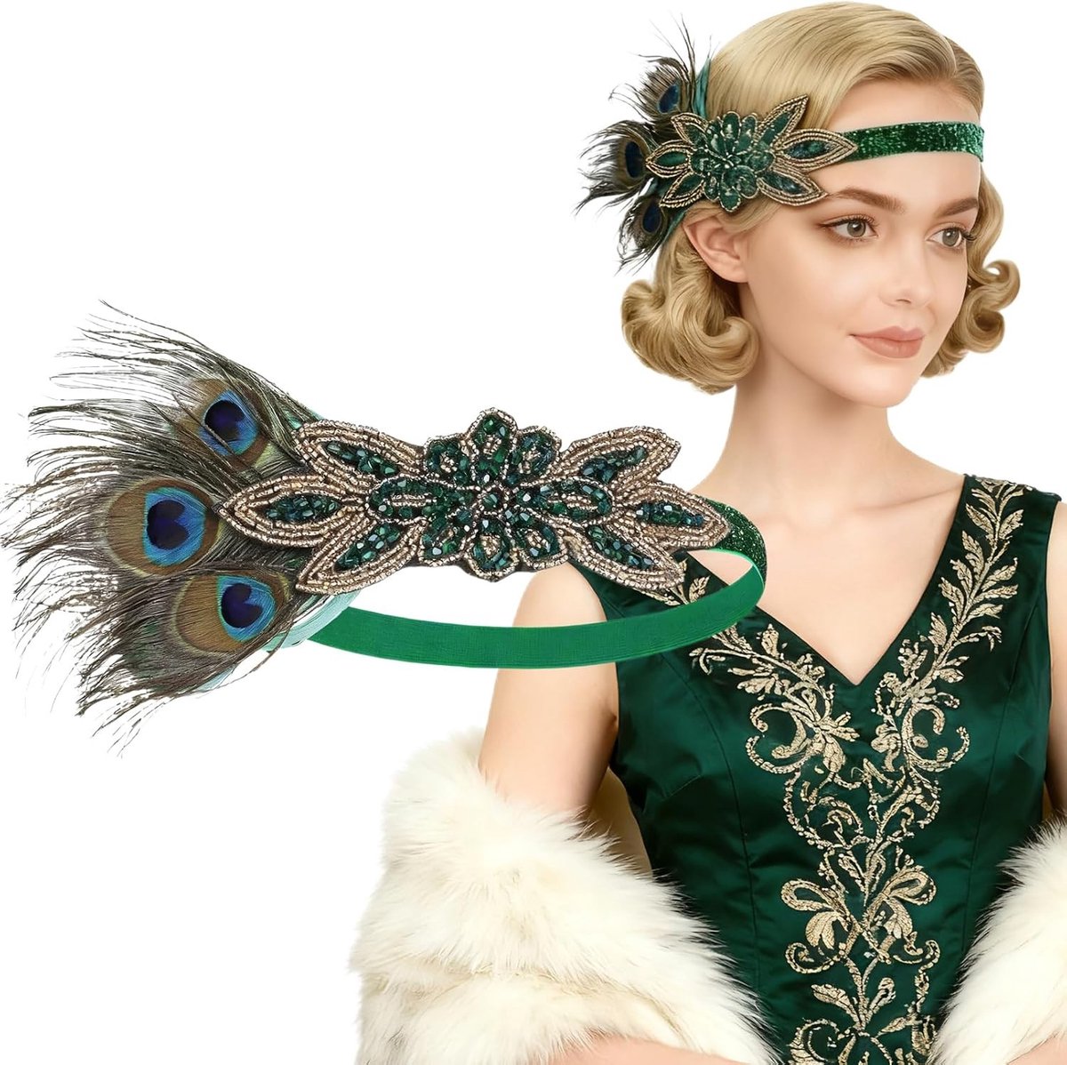 Elegante Flapper Hoofdband met Pauwenveren in Retro 1920s Stijl voor Feestjes, Carnaval en Kostuumaccessoires