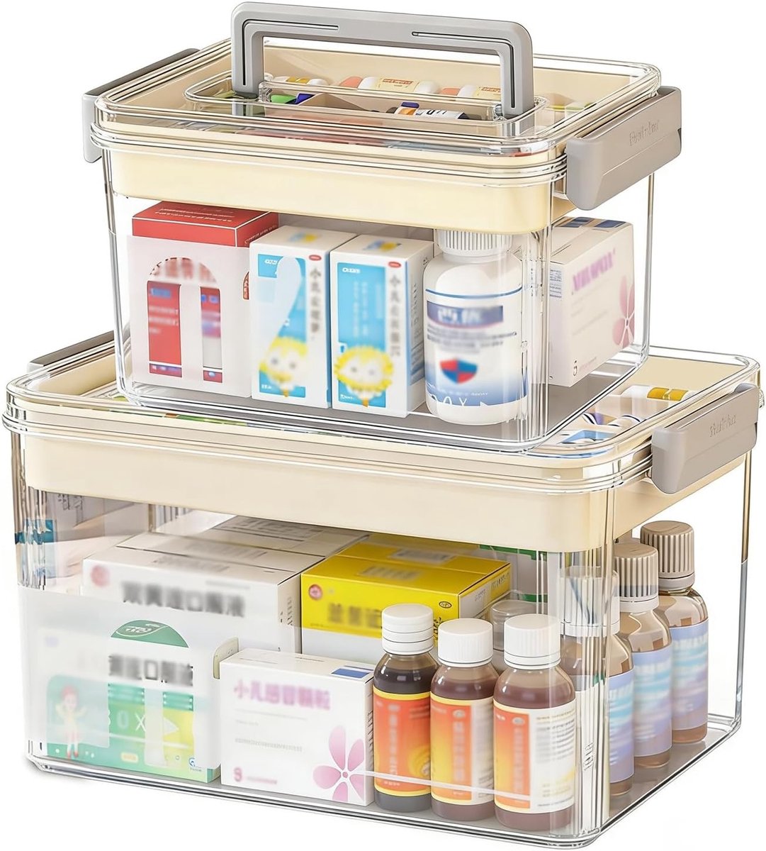 Set van 2 Transparante Medicijn Dozen met Handvat, Organiser voor Tabletten, Zalf en Verband, Ideaal voor Thuisgebruik en Opbergruimte