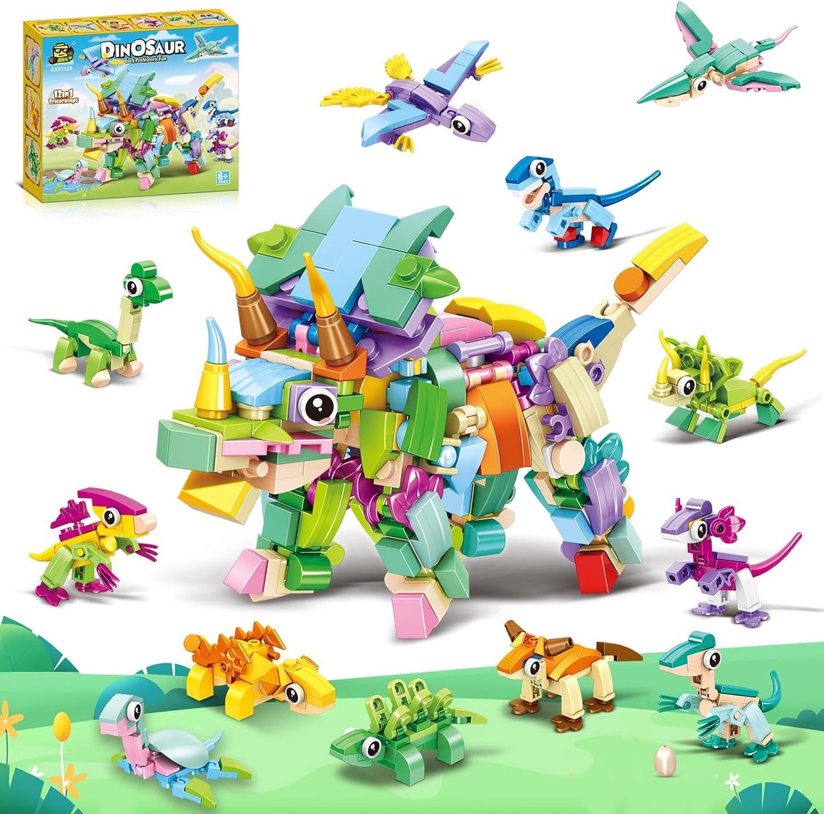 12-in-1 mini-bouwstenen dinosaurusset, educatief speelgoed voor kinderen, creatieve bouwset, perfect als verjaardagscadeau voor jongens en meisjes van 6-12 jaar