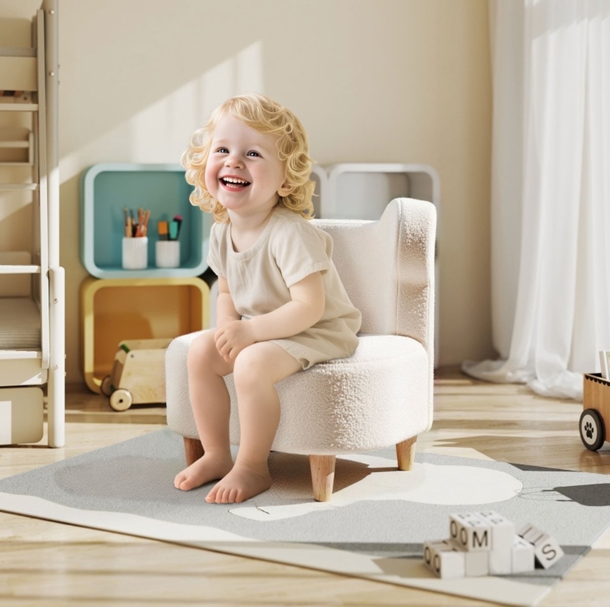 COVREO Kindersessel 47 x 43 x 53 cm beige, stof met houten poten en armleuningen