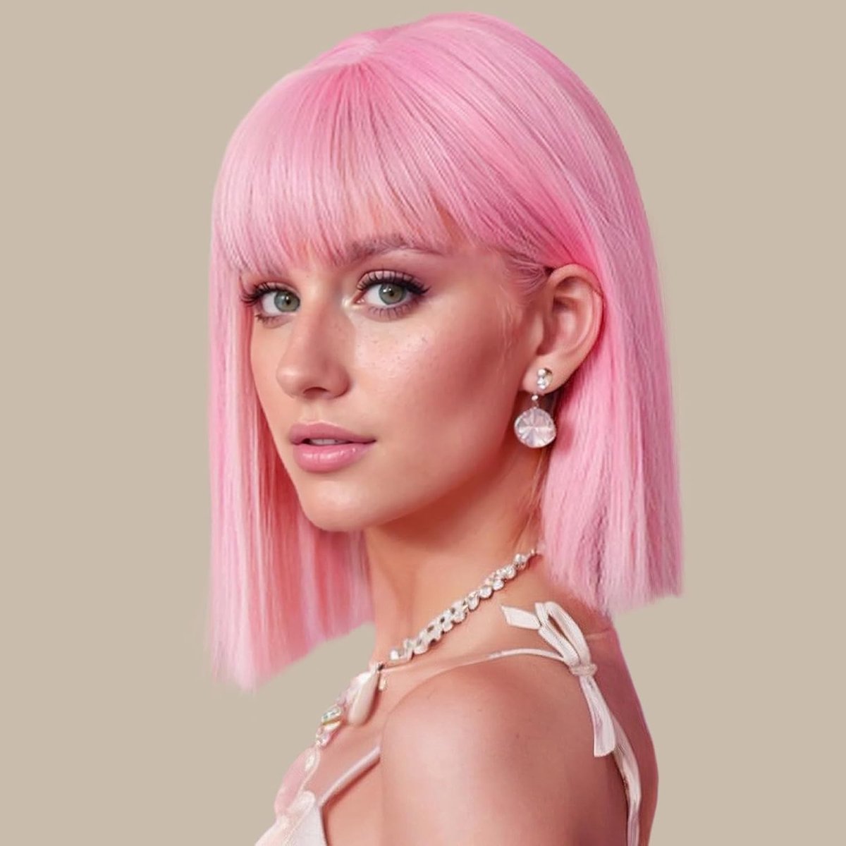 Kleurige Synthetische Bobperruque voor Vrouwen met Pony - Schouderlengte 35cm voor Halloween en Cosplay Feestjes (Roze)