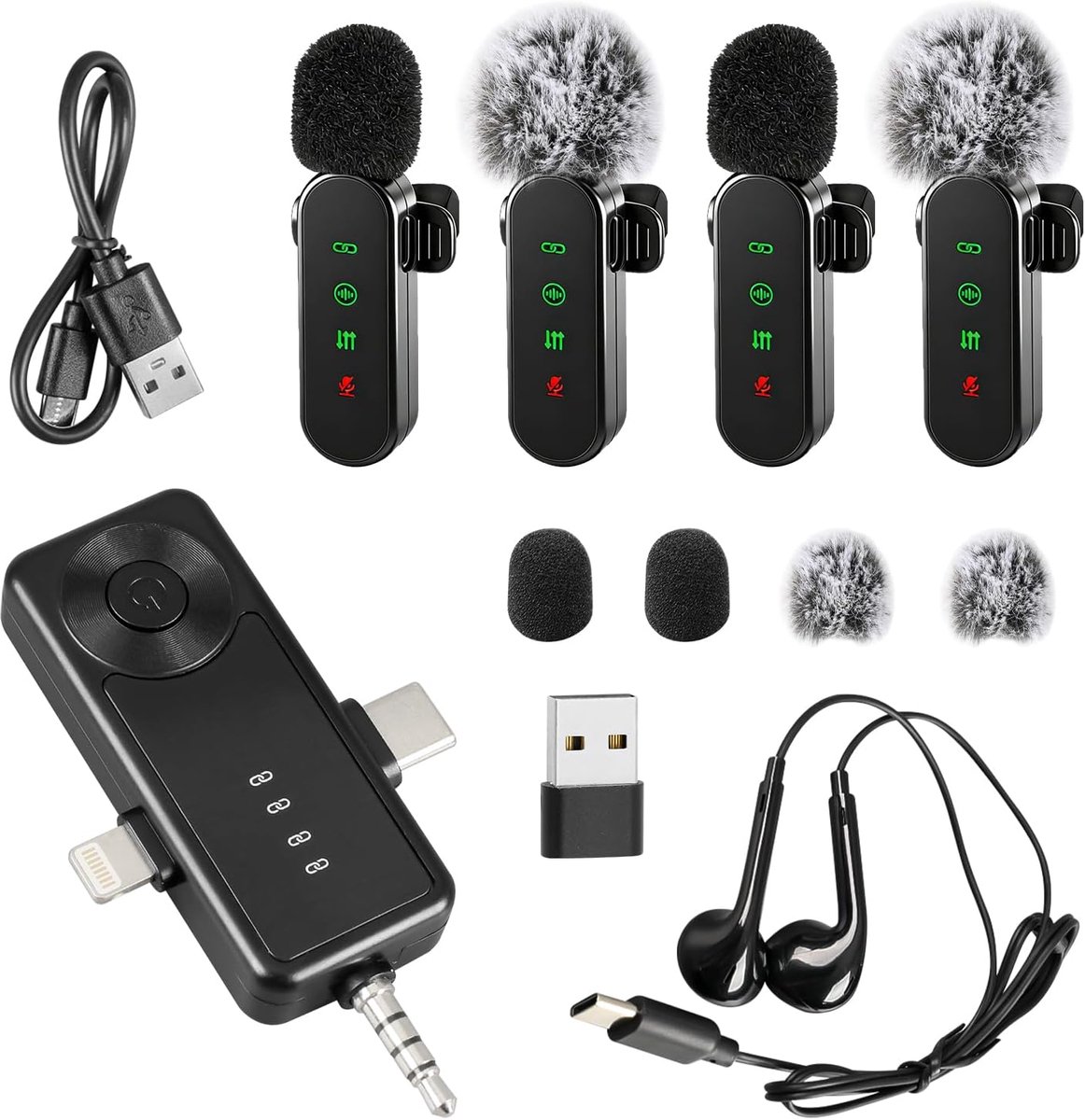 Draadloze Lavalier-microfoons met LED-display, 4-pack Lavalier-microfoons Clip on Mic Auto Pairing Mini-microfoon met ruisonderdrukking voor video-opname Vlogging TikTok
