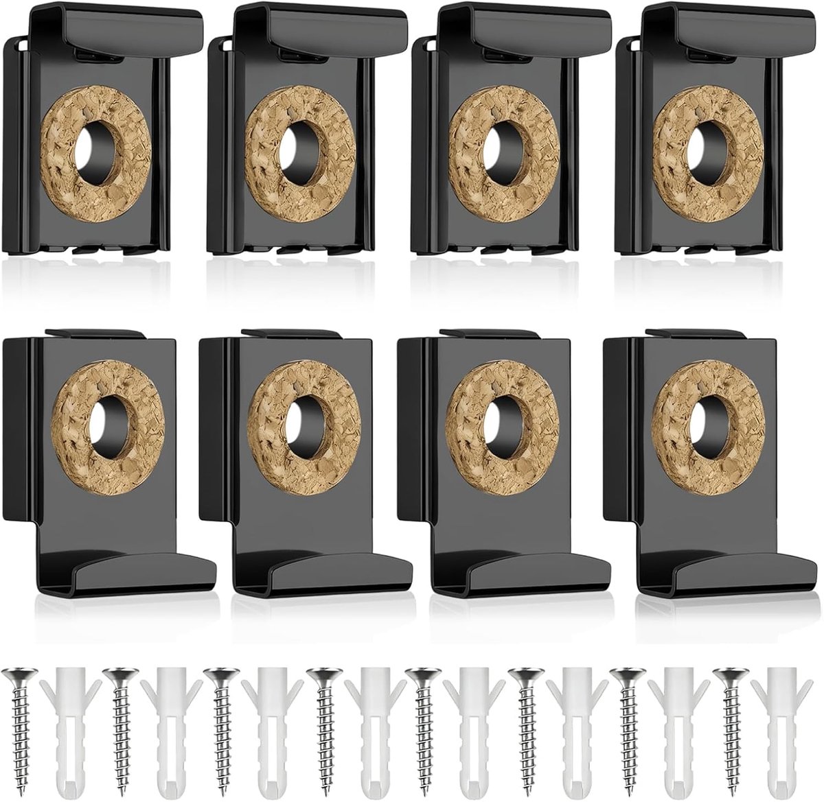 Set van 8 stuks, zwart, veerbelaste spiegelhouders, in hoogte verstelbare spiegelklemmen met kurksteun, spiegelhouder muur voor bad- en kamerspiegels tot 12 kg
