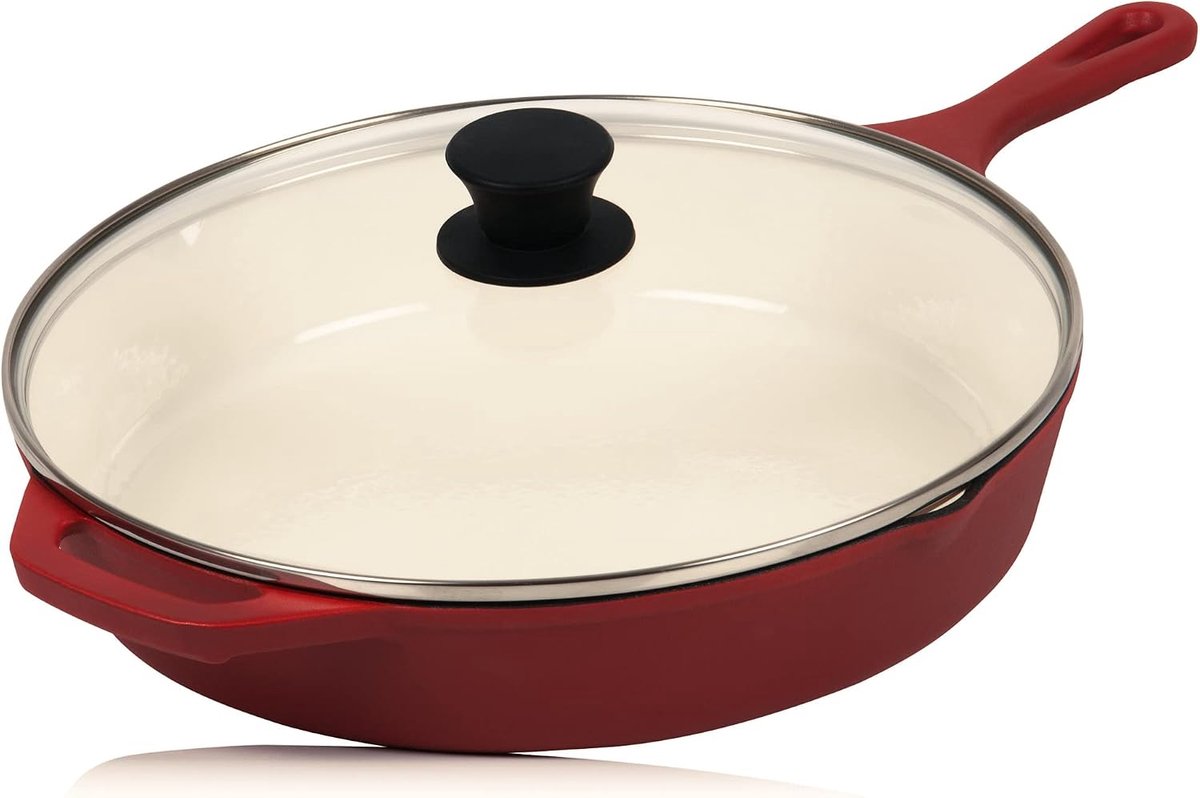 gietijzeren pan met geëmailleerd deksel | Ø 29,5 cm | Dark Cherry | Braadpan met twee uitlooplipjes | Grillpan met deksel, universele pan, gietpan, braadpan met deksel, hoge rand, pannen