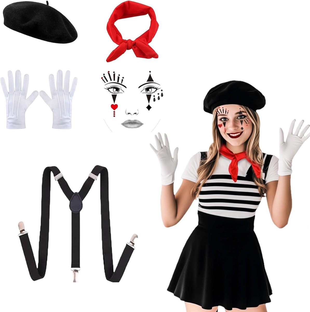 pantomime kostuum voor dames en heren, Pierrot-stijl clown kostuum met zwarte Baskische muts, rode vlinderdas, witte handschoenen, stickers en riemhouders, voor carnaval, kermis, Halloween