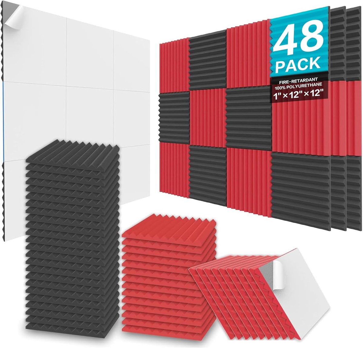 48 stuks akoestische panelen van schuim 2,5 x 30 x 30 cm voor studio's, brand- en geluidwerende akoestische muurpanelen - zwart en rood