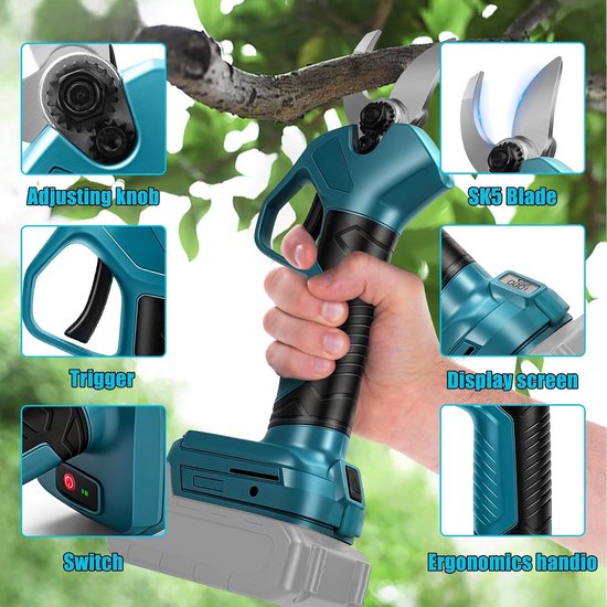 Accu-takkenschaar voor Makita 18 V batterij (zonder accu), borstelloze motor, max. opening 45 mm, elektrische takkenzaag, snoeischaar met lcd-display, voor boomtakken, bloemen — afbeelding 3