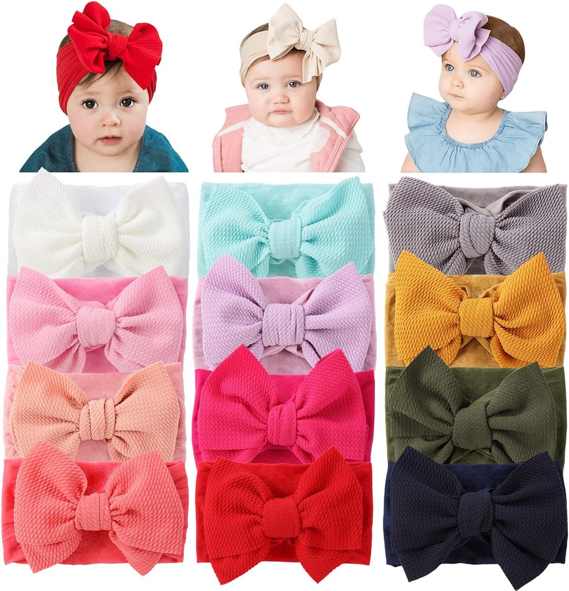 12 Pack Solid Stretchy Nylon Hoofdbanden met Grote Boog Haaraccessoires Brede Hoofdbanden voor Baby Meisjes Zuigelingen Peuters Kids
