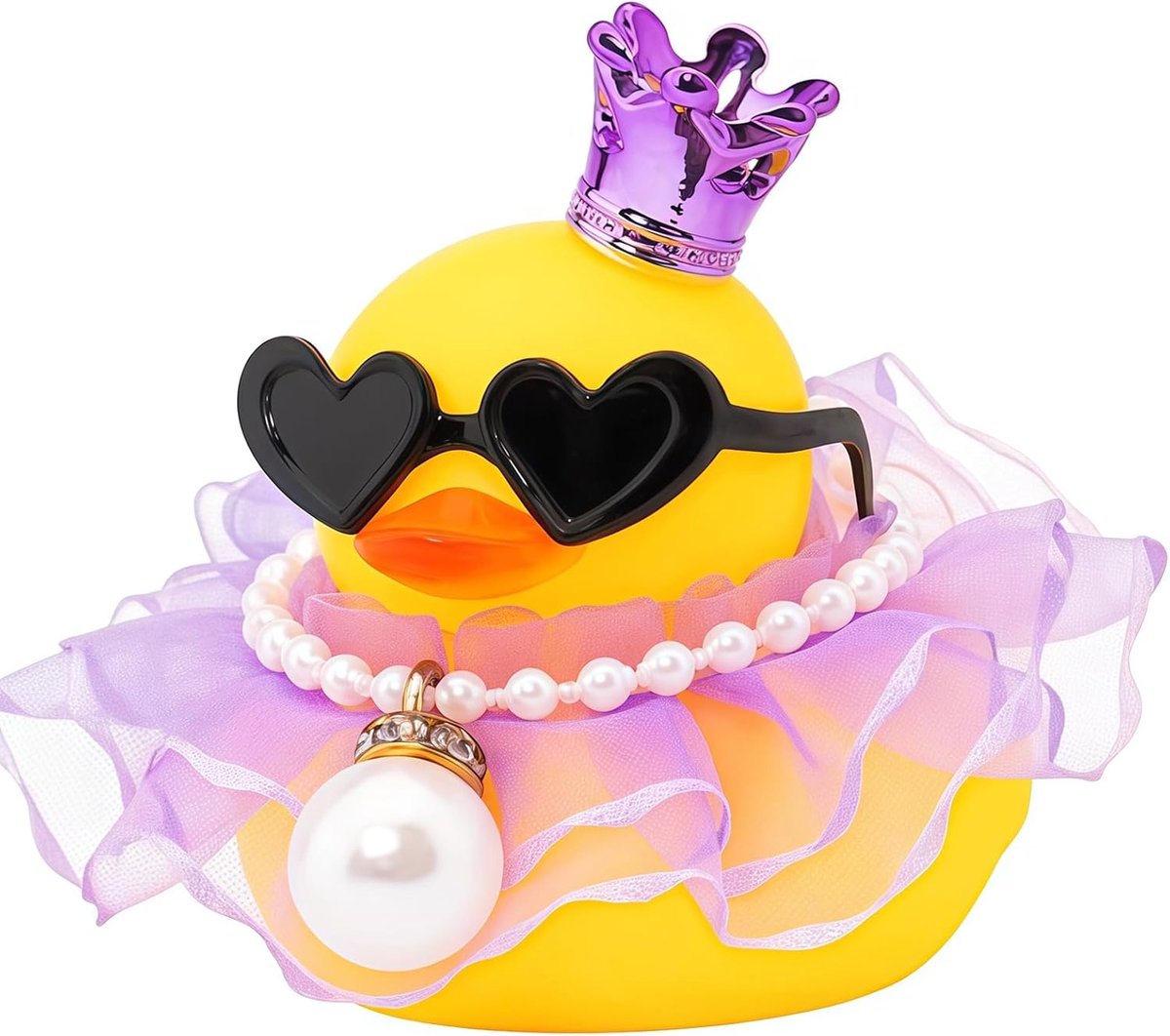 Gummiente Badeente, Gummiente Auto Ornamenten met Mini Kroon, Jurk, Parelketting & Zonnebril, ideaal voor badplezier en autodecoratie