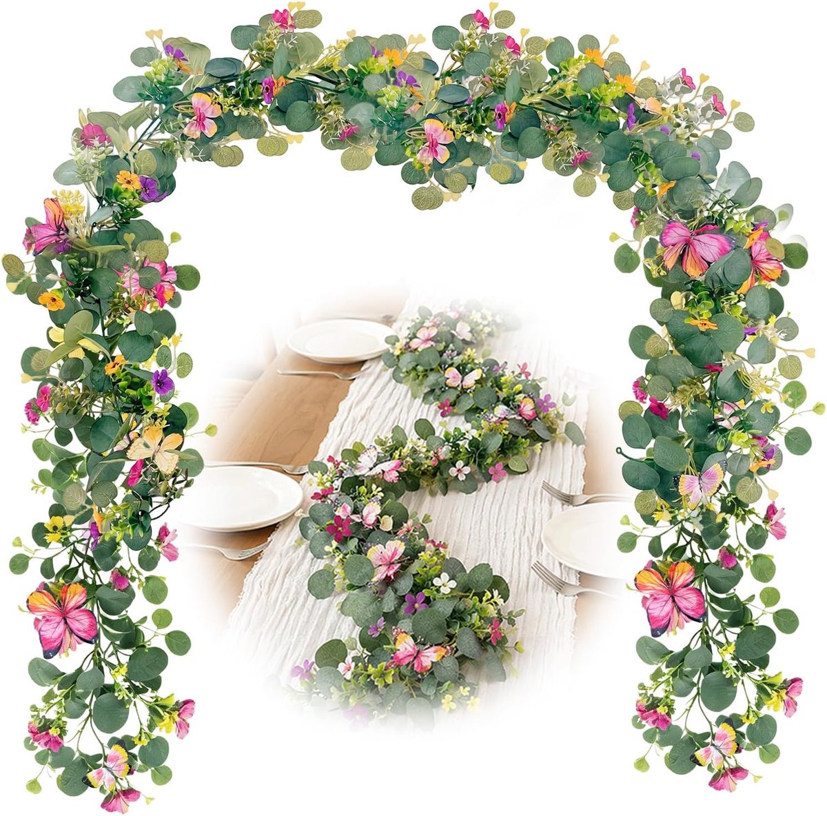 2 stuks 1,73 m kunstbloemen-slinger Eucalyptus met 3D vlinders, hangende decoratie voor bruiloft, tuin, feest, wand, tafel, DIY bloemen-slinger