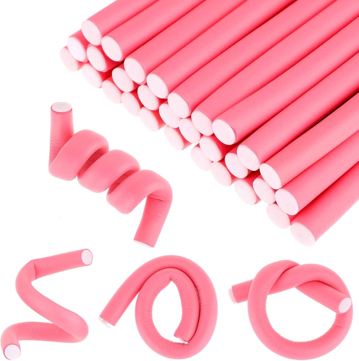 30 stuks papilotten kleine krullen zonder hitte, flexibele krultangen, krulspelden, haarrollers, krulspelden 's nachts voor meisjes, schuimrubber, haarkrultang voor lang kort haar, roze (10 mm)