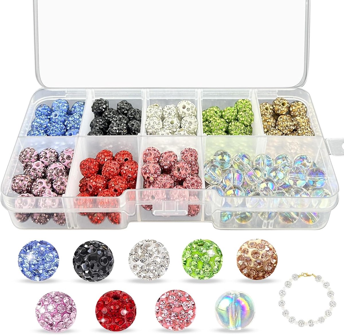 Kralenset, 8 mm, discobalkralen met kunststof doos, 200 stuks | Ronde glaskralen voor doe-het-zelf sieraden, armbanden, knutselbenodigdheden