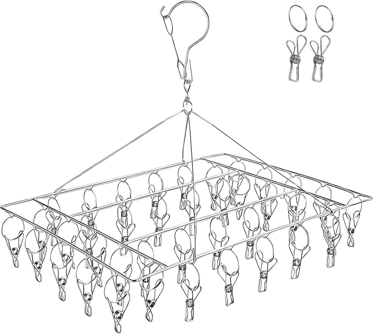 Roestvrijstalen sokkendroogrek met 40 haringen metalen sokkenhanger met clips voor waslijn wasdrogerrek kledingdroger voor sokken en ondergoed (1 stuks)