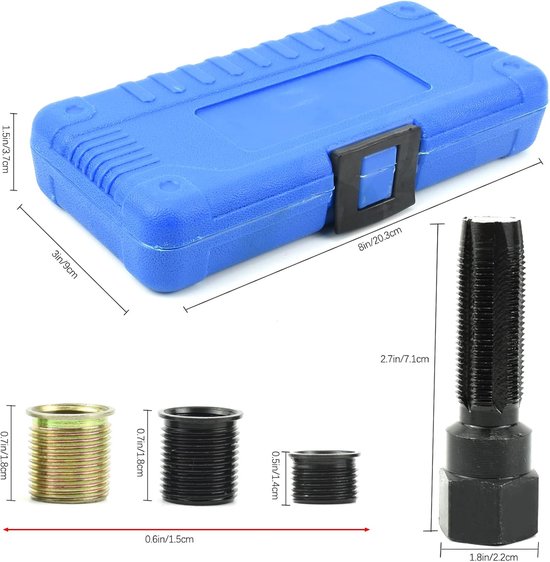 16 stuks reparatieset voor bougieschroefdraad, M14 x 1,25 mm, bougieschroefdraad, reparatieset, verschillende maten, incl. koffer, schroefdraadbussen van roestvrij staal — afbeelding 3