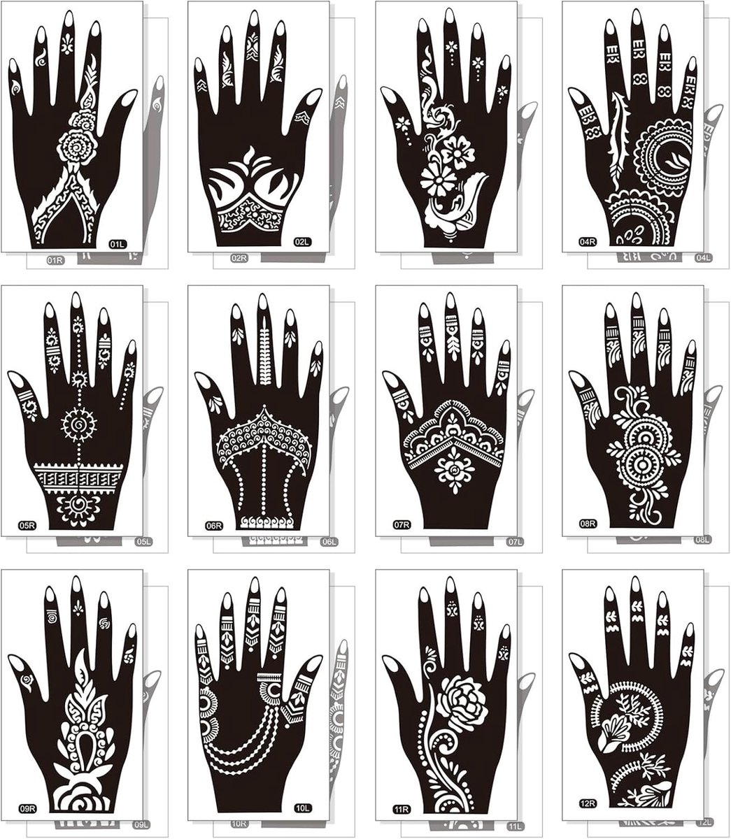 24 Henna sjablonenset voor vrouwen, Henna Tattoo Schablonen Kit, vellen Henna Tattoo Stencils Kit voor Hand, Bladeren Temporary Tattoo Schablone Indische, vrouwen en meisjes (zwart)