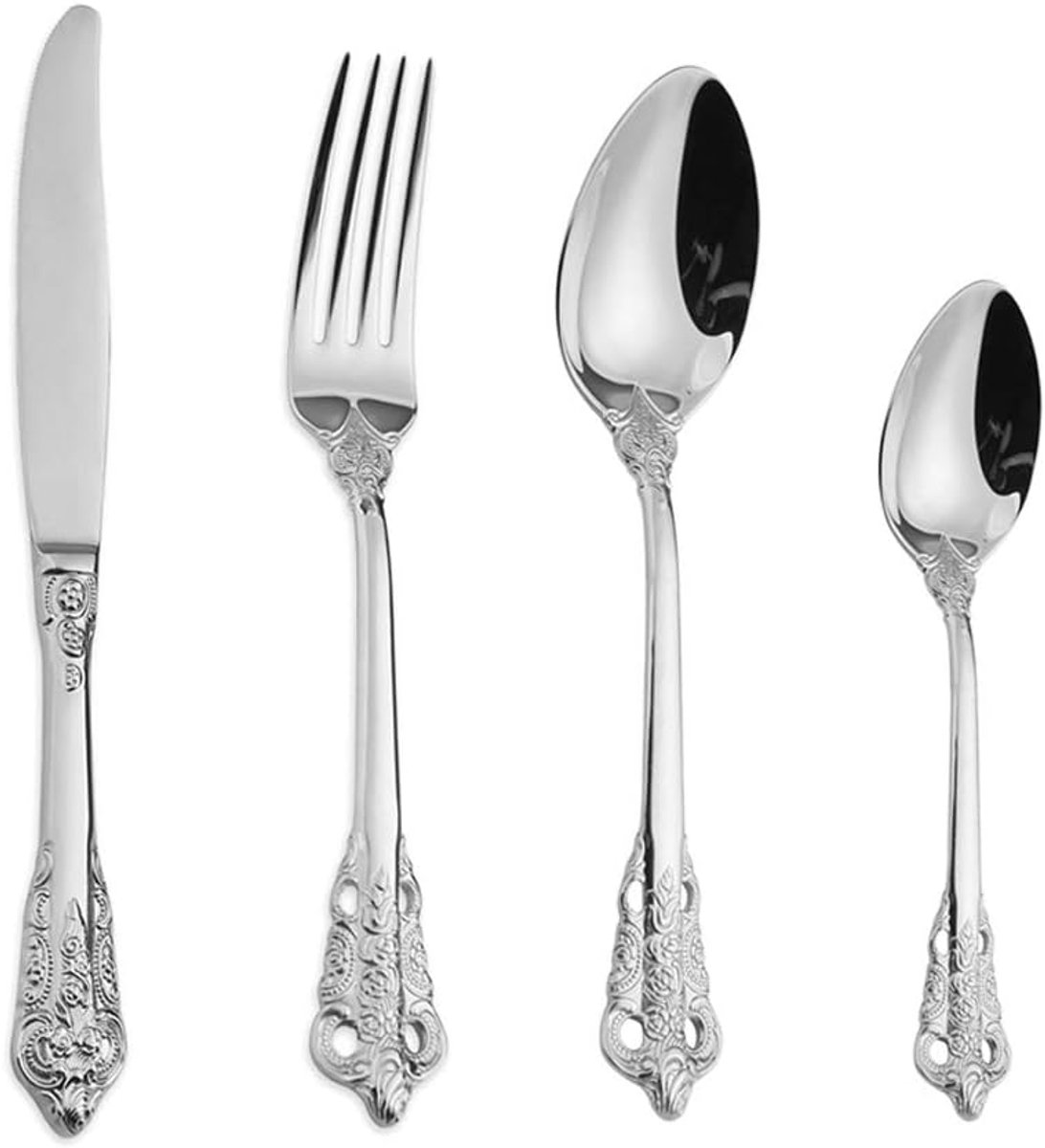 roestvrij stalen bestekset Barok 4-delig met mes, vork, lepel, koffielepel, antieke koninklijke stijl, vaatwasmachinebestendig…