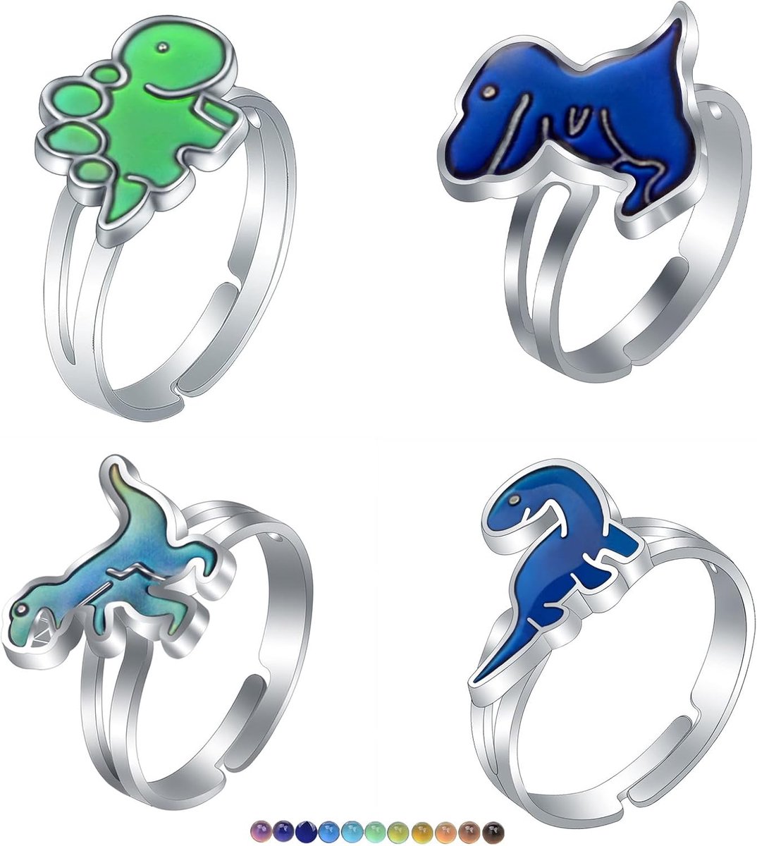 Ringenset, 4 stuks dinosaurusringen, kleurveranderende ringen, verstelbare stemmingsring, feestspelringen, dierentemperatuur, vingerring, grappige emoties, sieraden voor jongens en