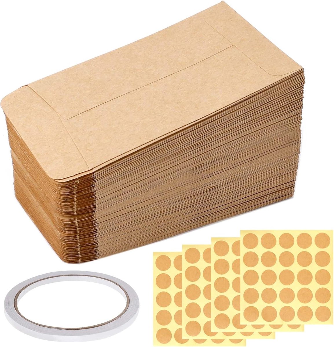 300 stukszakjes van kraftpapier, 6 x 10 cm, bruin mini-zakjes met 25 stickers + plakband, voor zaden, snoep, kerstkaarten, munten, sieraden