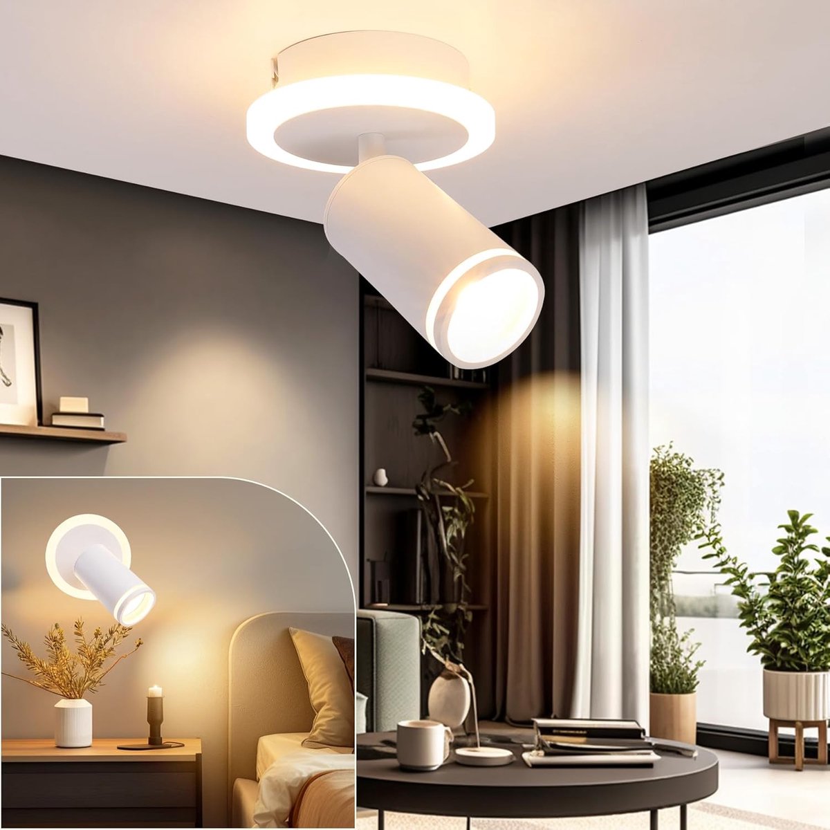 Plafondlamp, 1 spot, zuinig, plafondspot, wit, modern, plafondlamp, met onderverlichting, 5 W + 5 W, GU10, led-spot, warm wit, 3000 K, led-spot, plafond, rond, voor keuken, woonkamer, slaapkamer