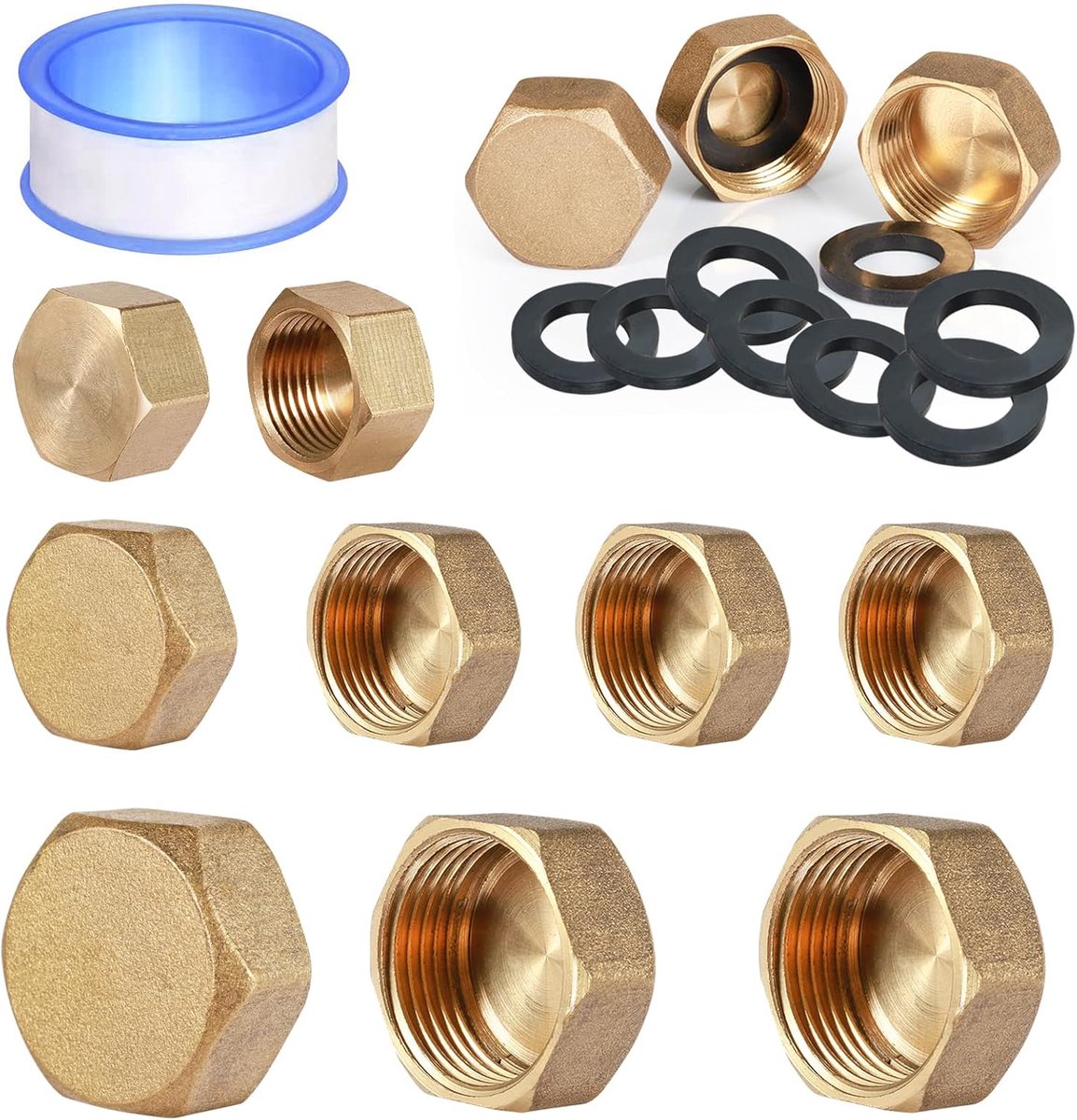 9 stuks blindstoppen waterleiding, blindstoppen 1/2 3/4 3/8 inch, blindstoppen 1/2 inch buitendraad met rubber afdichtingen, messing blindstoppen met waterdichte tape voor tuinwaterleiding