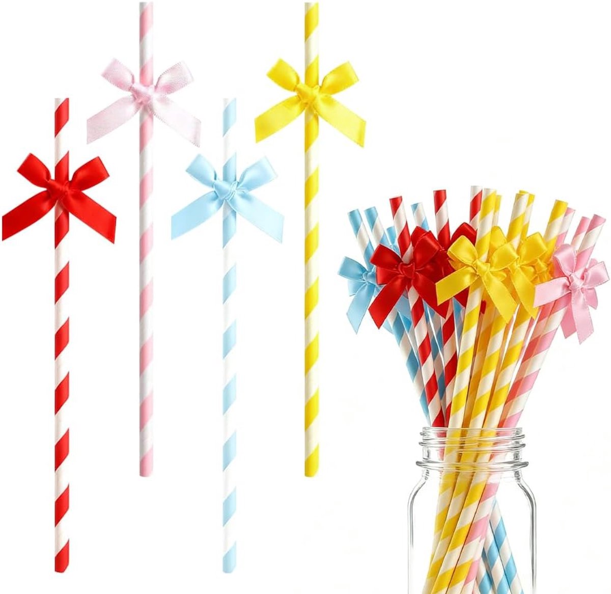 Rietjes met gestreepte band, drinken, creatieve decoratie, schattig, meerkleurig, voor verjaardagsfeesten, bruiloften, feesten en feesten