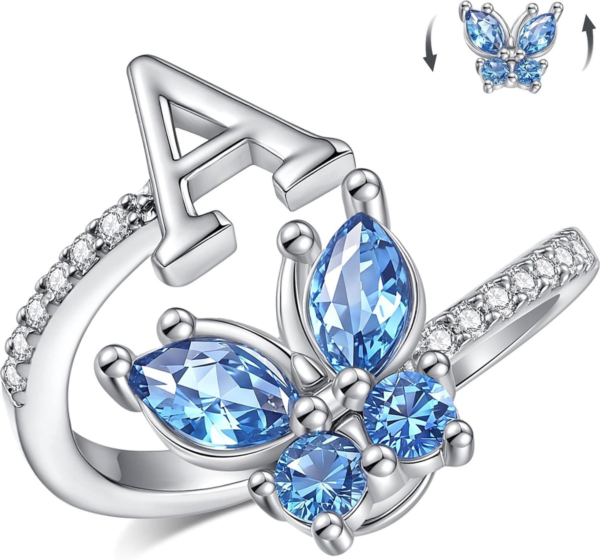 Ring met initiaal voor dames, ring met vlinder, anti-stress, draaibare ring met initiaal, meisjes, fidget ring, angst