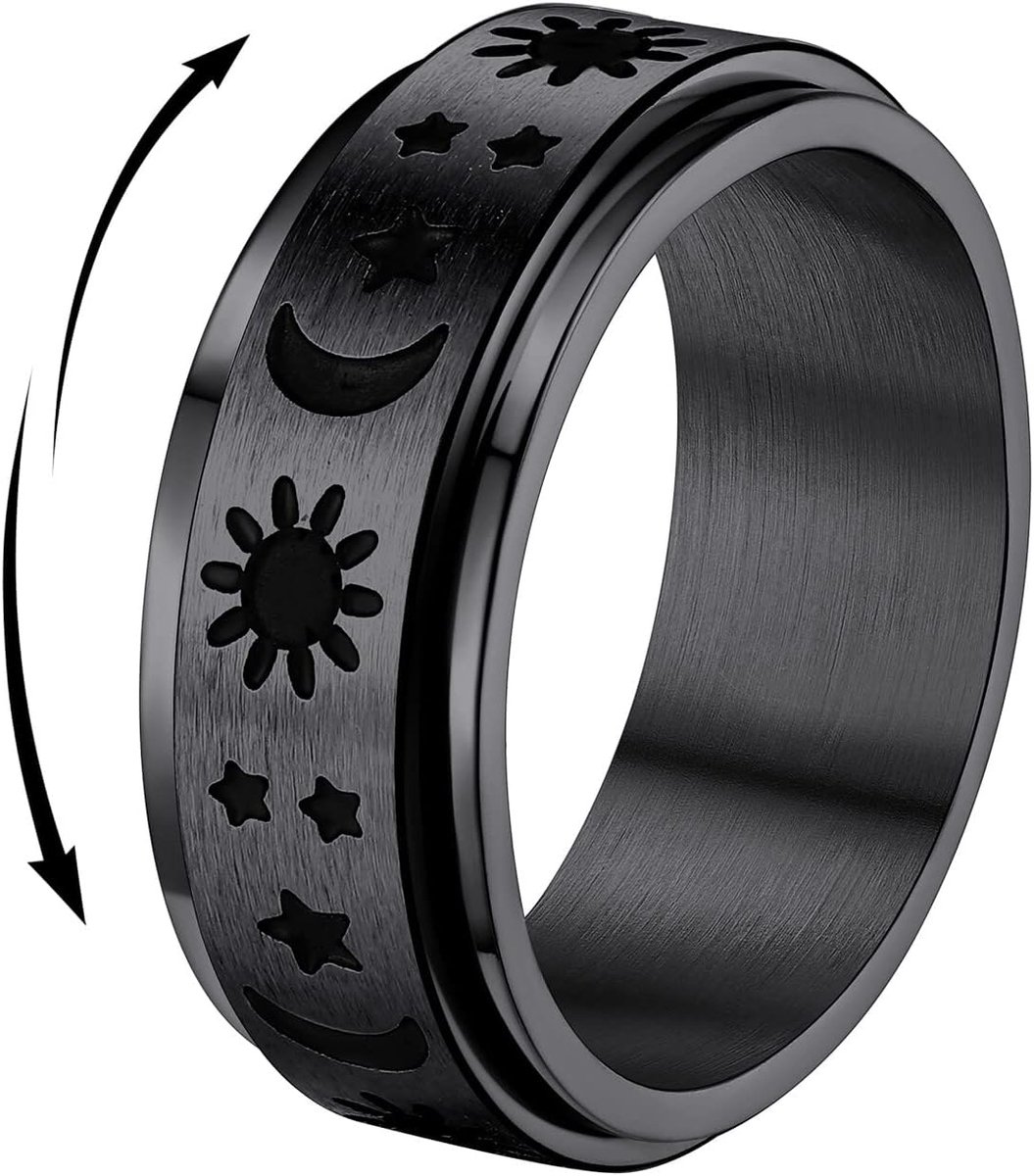 Mens Draairing, maan zon ster angst ring, roestvrij staal fidget ring