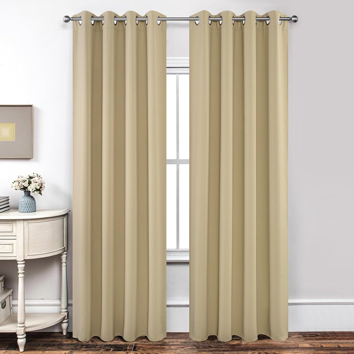 Ondoorzichtige warmte-isolerende verduisteringsgordijnen met ringen, hittebescherming, gordijn voor slaapkamer, woonkamer, 2 stuks, (beige, 2 x 210 x 132 cm (h x b)