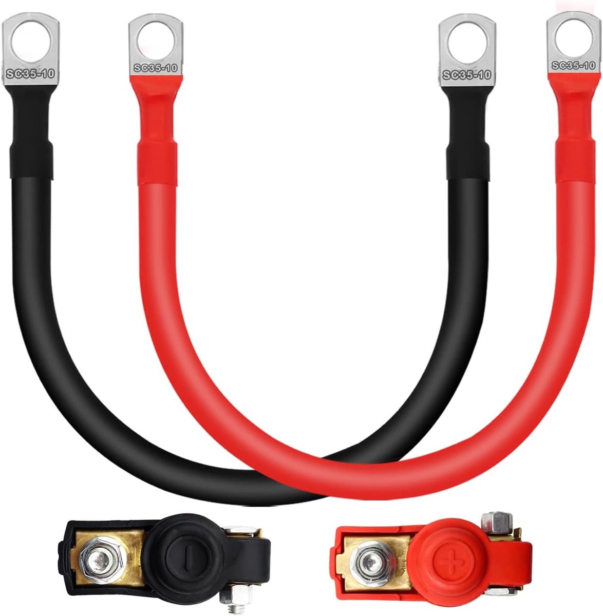 M10 Accukabel 34,5 cm - 2 Stuks 2AWG 35M², Grondkabel voor Auto en Motor, Koper Accu Oplaadkabel met M10 Ring Terminals en Accuklemmen, Geschikt voor 12V/24V Systemen