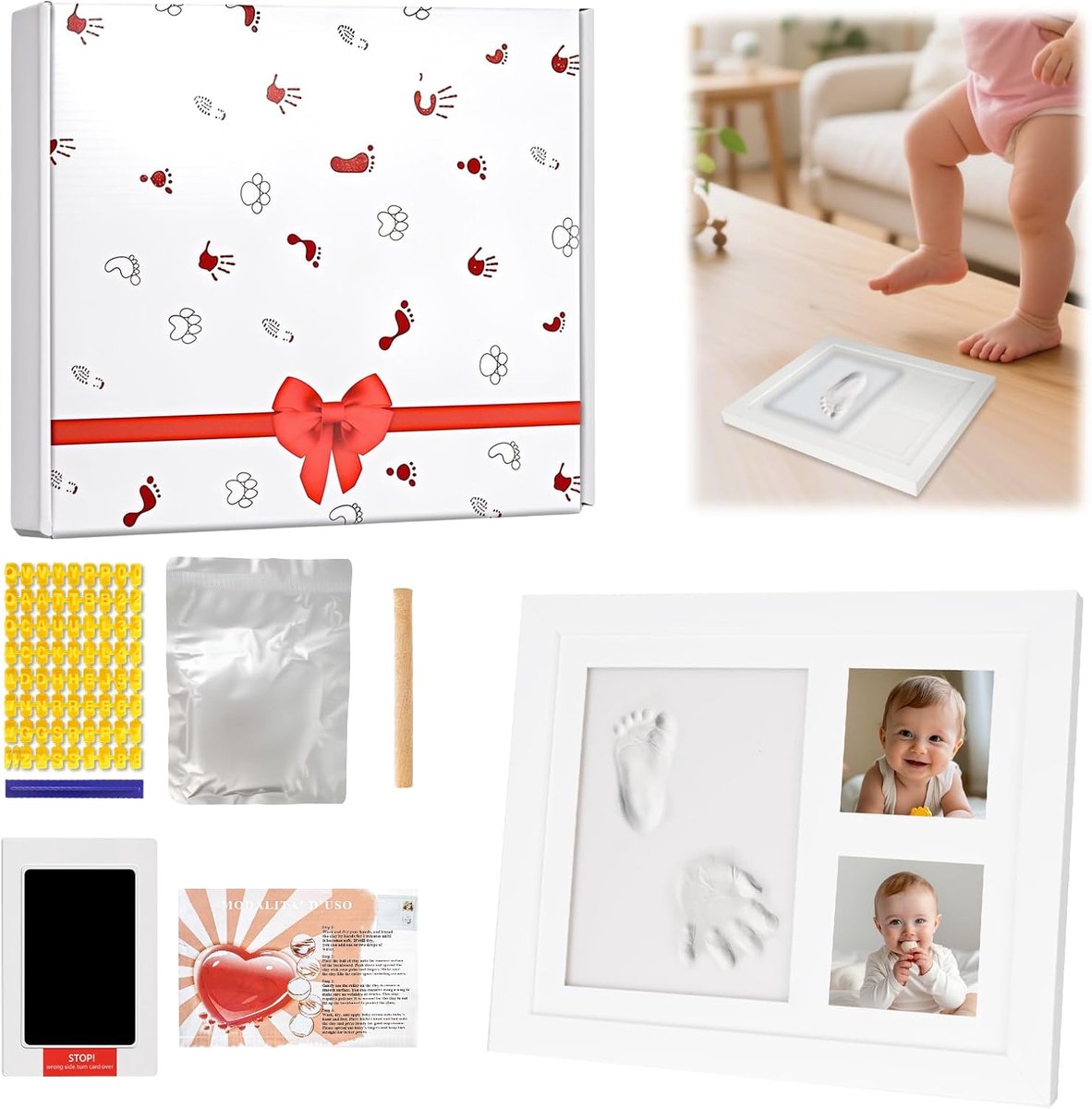 Voetafdruk en voetafdruk voor baby's, memorabele herinneringen, wanddecoratie of voor tafel, klei en lijsten