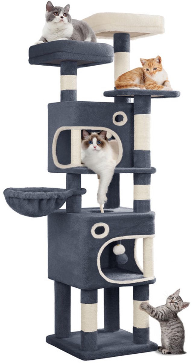 Hzuaneri Kat Krabpaal, 159 cm Hoge Kattenboom, met 7 Laag Multi Functie Speelplaats voor Katten, Dubbele Holtes, en Drie Uitzicht Platforms, Geschikt voor Meerdere Katten, Donkergrijs