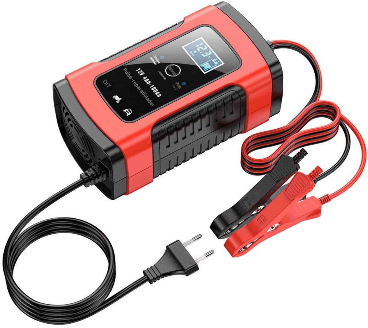 SSTRWGOOD 12V batterijlader – Geschikt voor auto's, motorfietsen, scooters, enz. – Kenmerken Reparatiemodus – LCD-display – 6A – Rood – EU-stekker