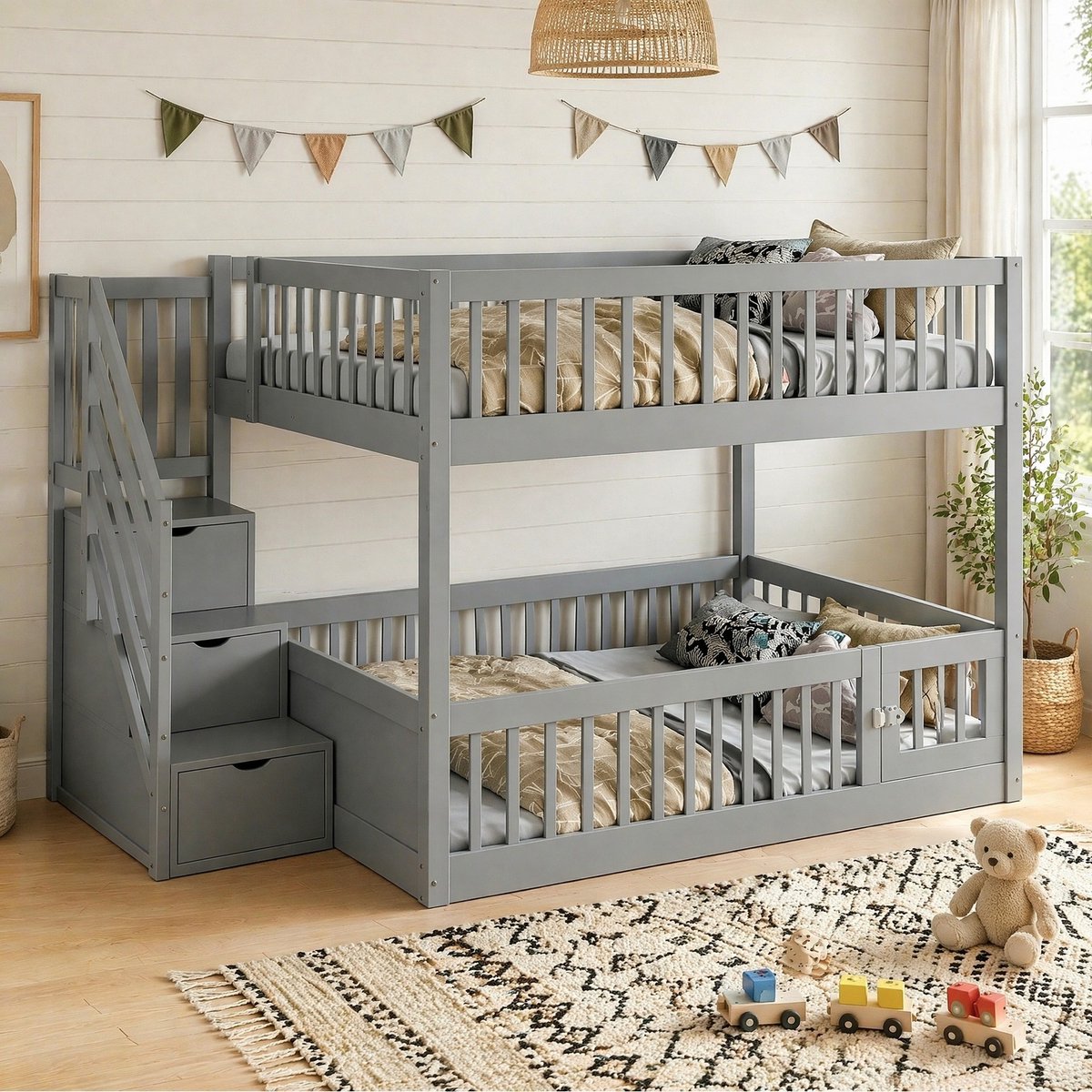 COVREO Stapelbed 140x200 cm grijs, hout en MDF met trap en lades