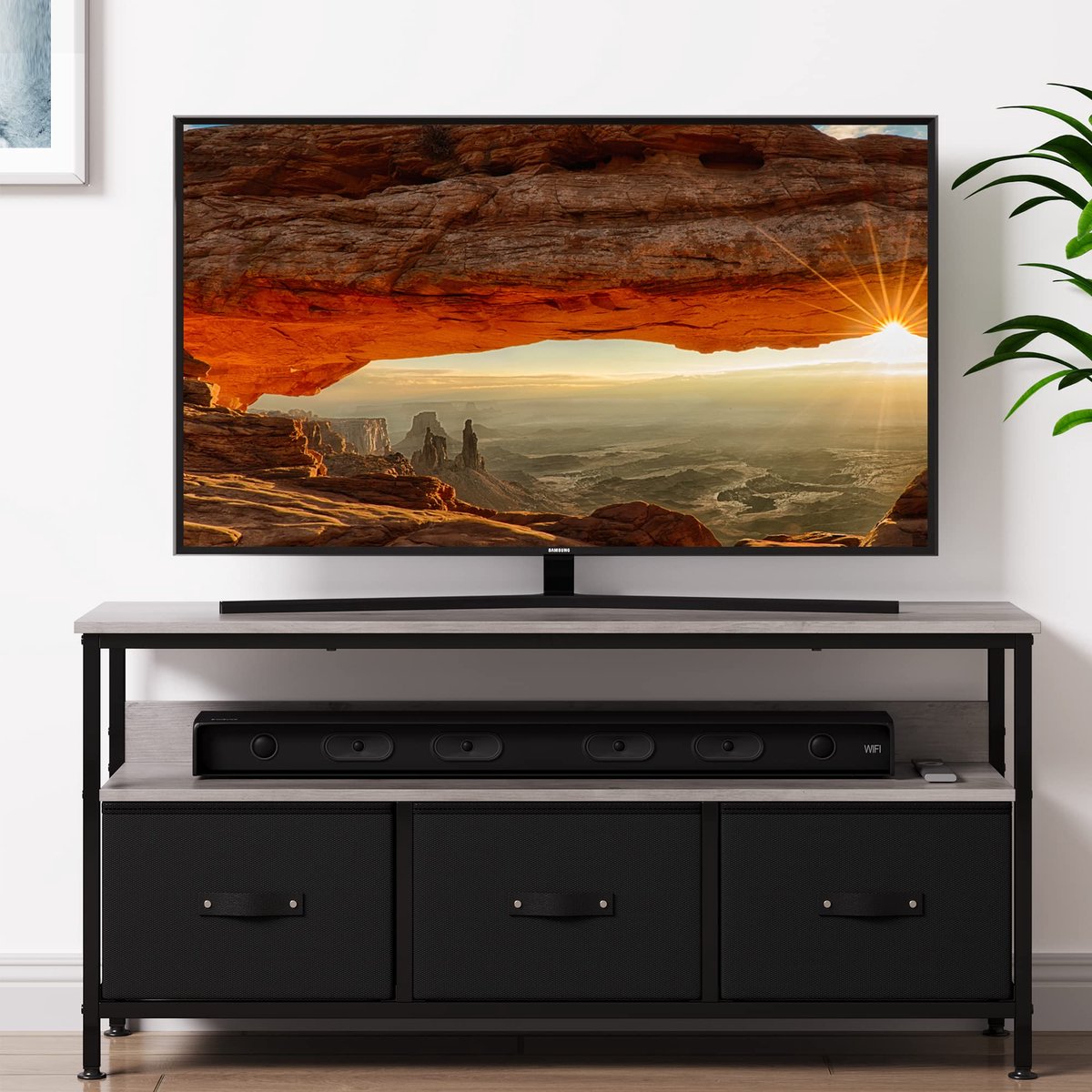 SnelShoppen - TV-kast met 3 stoffen laden, houten tv-bank voor tv tot 55 inch, grijze TV-kast met opbergplanken voor woonkamer en slaapkamer, 120 x 57