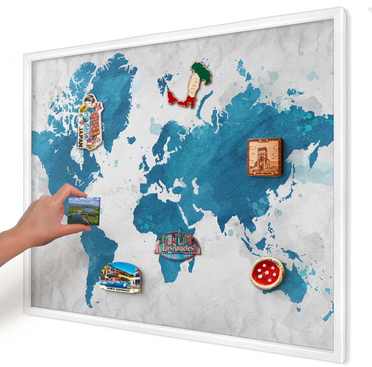 Artprintcave Blauw Magneetbord mit Witte Lijst - 80x60 cm - Aquarelkaart Magneetbord Voor Keuken - Waterverf Magneet Bord mit Frame - Kaarten