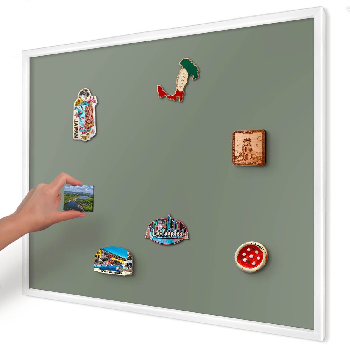 Artprintcave Groente Magneetbord mit Witte Lijst - 80x60 cm - Donkere Salie Memobord Keuken - Minimalist Magneetbord Voor Keuken - Achtergronden En Patronen