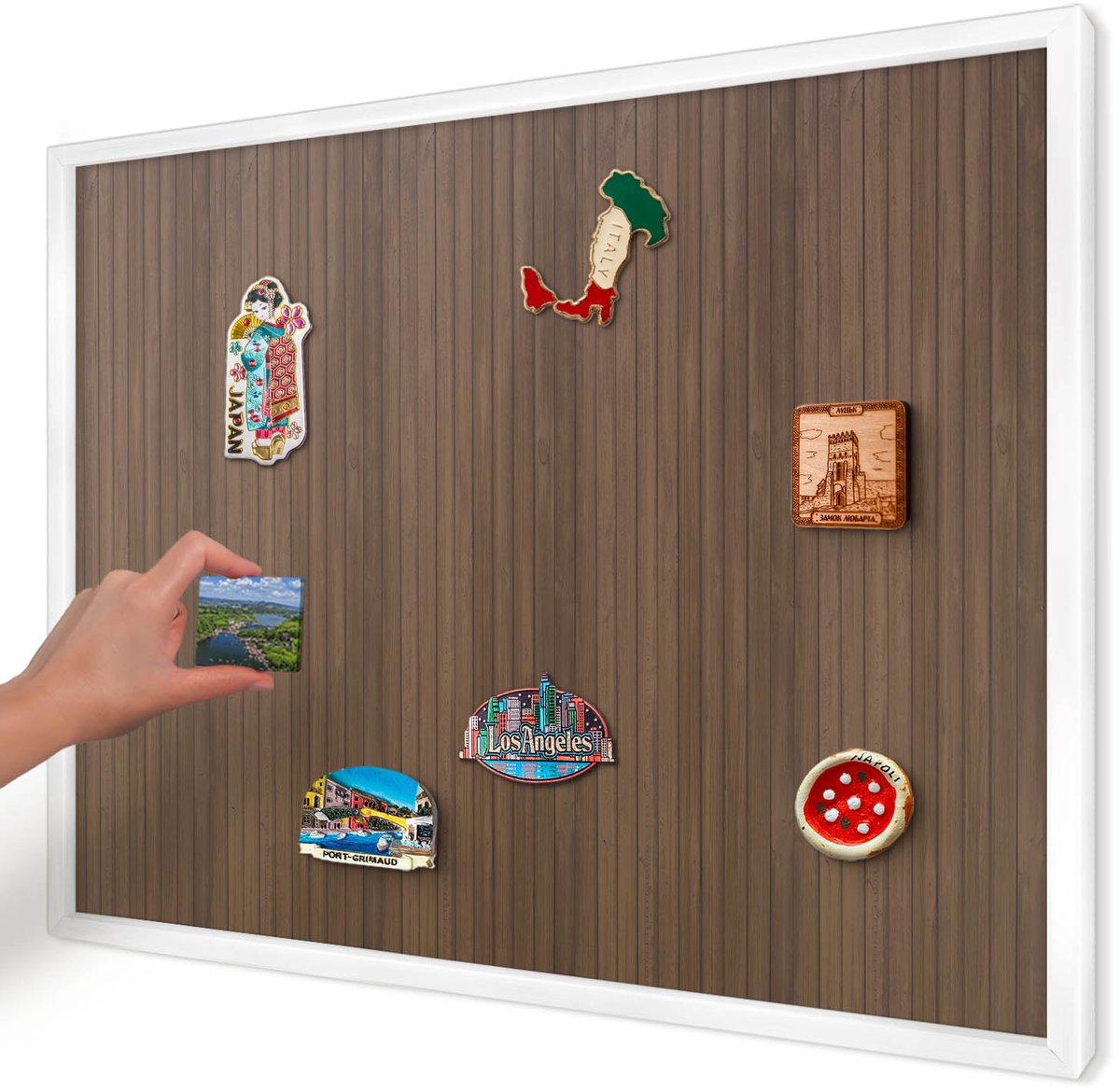 Artprintcave Bruin Magneetbord mit Witte Lijst - 70x50 cm - Houten Achtergrond Magnetisch Bord - Rustiek Notitiebord - Texturen