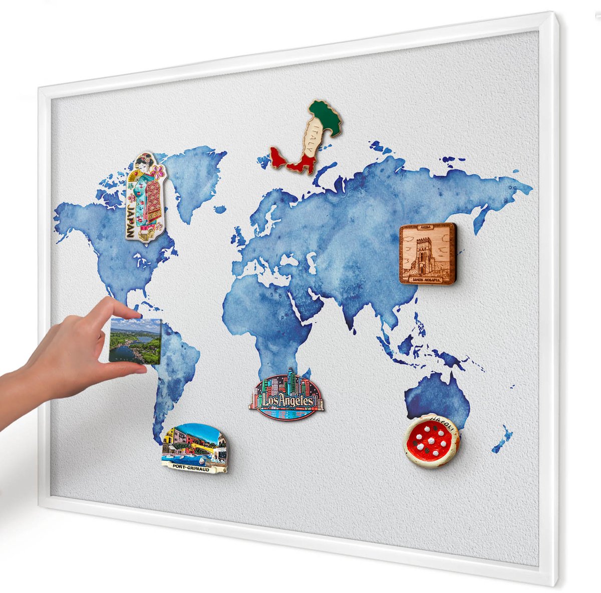 Artprintcave Blauw Magneetbord mit Witte Lijst - 80x60 cm - Aquarelkaart Magneetbord Voor Foto's - Waterverf Magnetisch Bord Voor Magneten - Kaarten