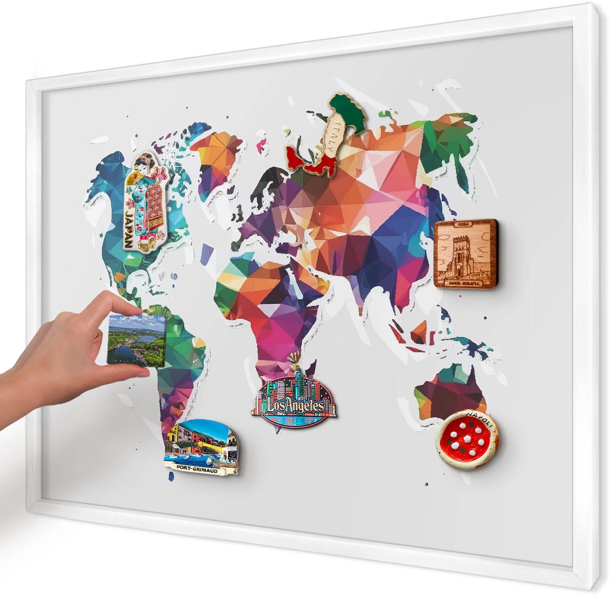 Artprintcave Grijs Magneetbord mit Witte Lijst - 70x50 cm - Wereldkaart Notitiebord - Geometrische Magneet Bord mit Frame - Kaarten
