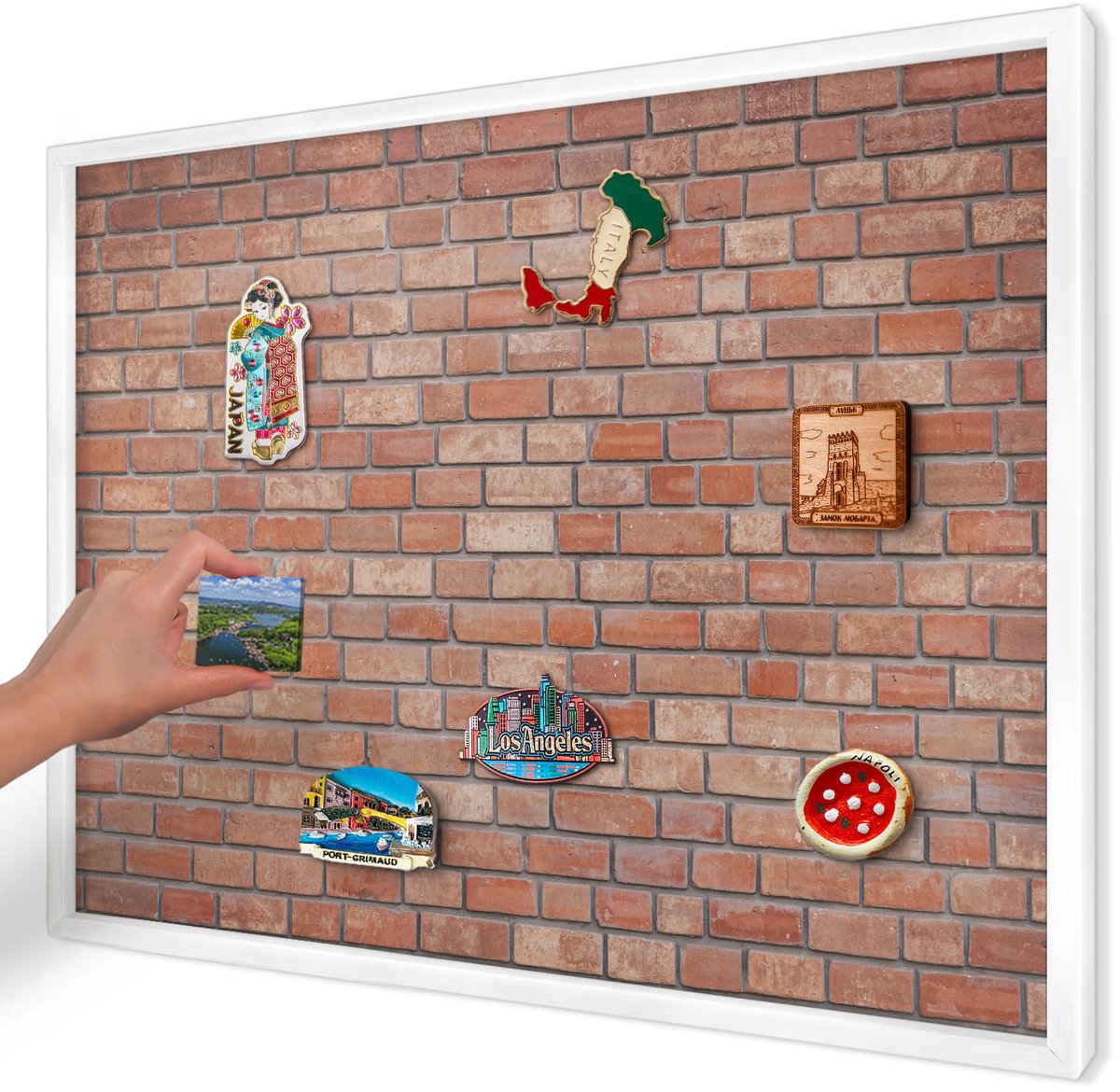 Artprintcave Bruin Magneetbord mit Witte Lijst - 70x50 cm - Bakstenen Muur Magnetisch Bord Voor Magneten - Industrieel/Loft Magnetisch Bord - Texturen