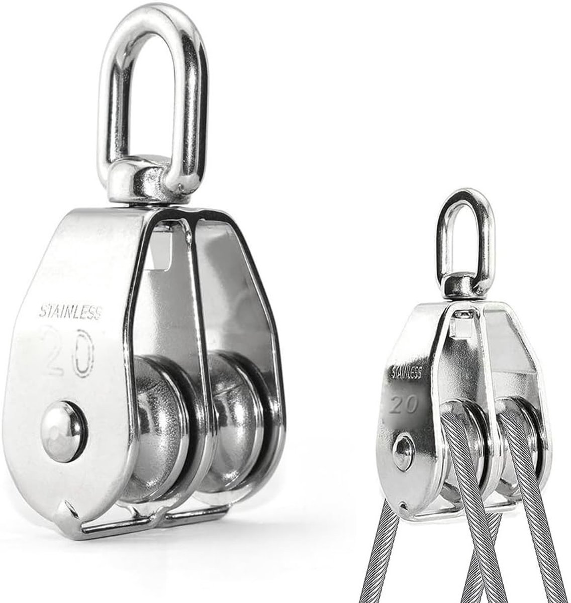 Dubbele RVS Pulley voor Kabelliften, Kleine Kabelrol voor 1-8 mm Touwen, Laadcapaciteit 75 kg, Ideaal voor Jacht en Sportactiviteiten