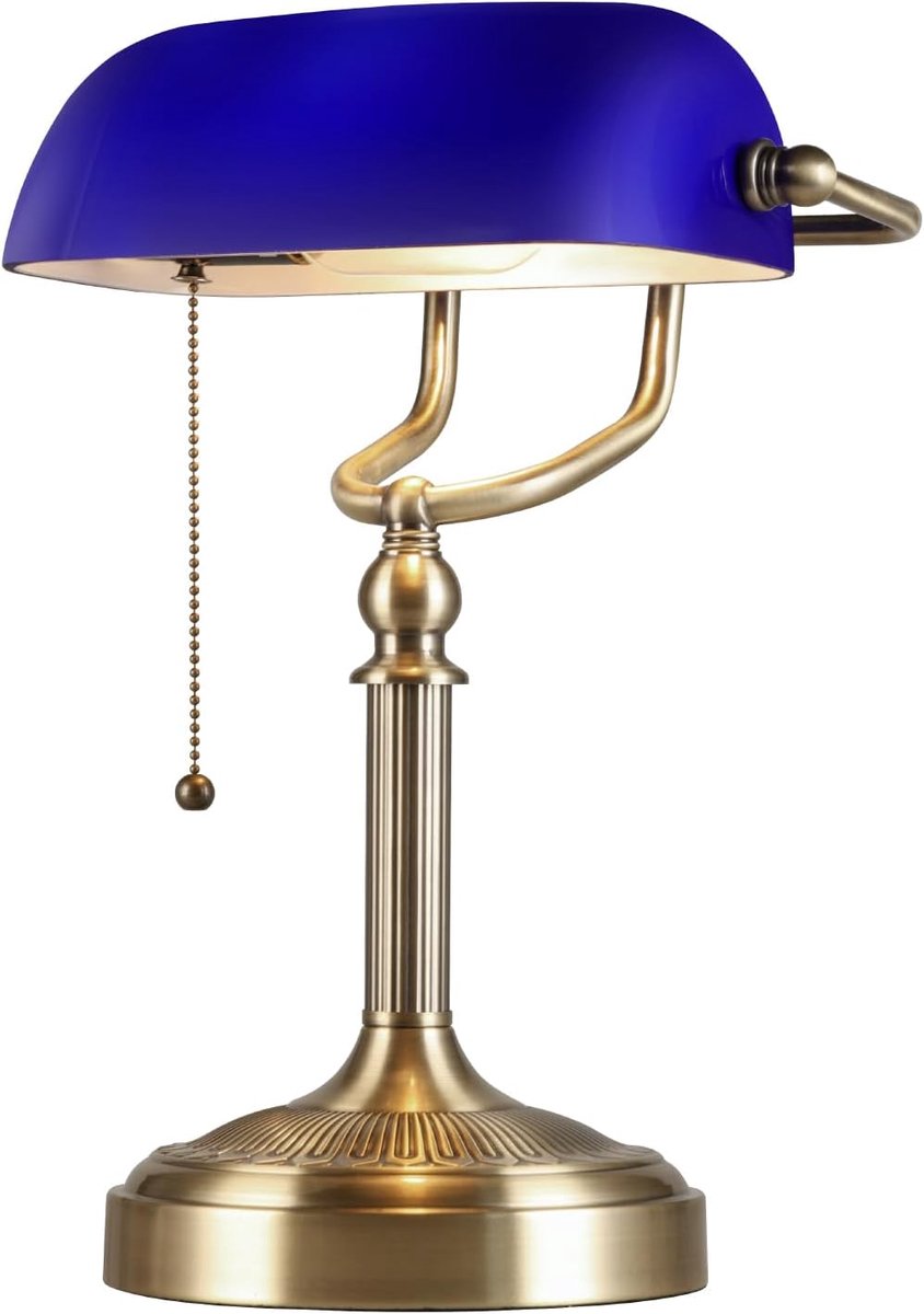 SnelShoppen - Desk Lamp Blauw Glas | Trekschakelaar, Bureau Lamp voor Thuiswerk, Leestafel Verlichting, E27 Fitting, 39 x 28 cm, Ideaal voor Bibliothe