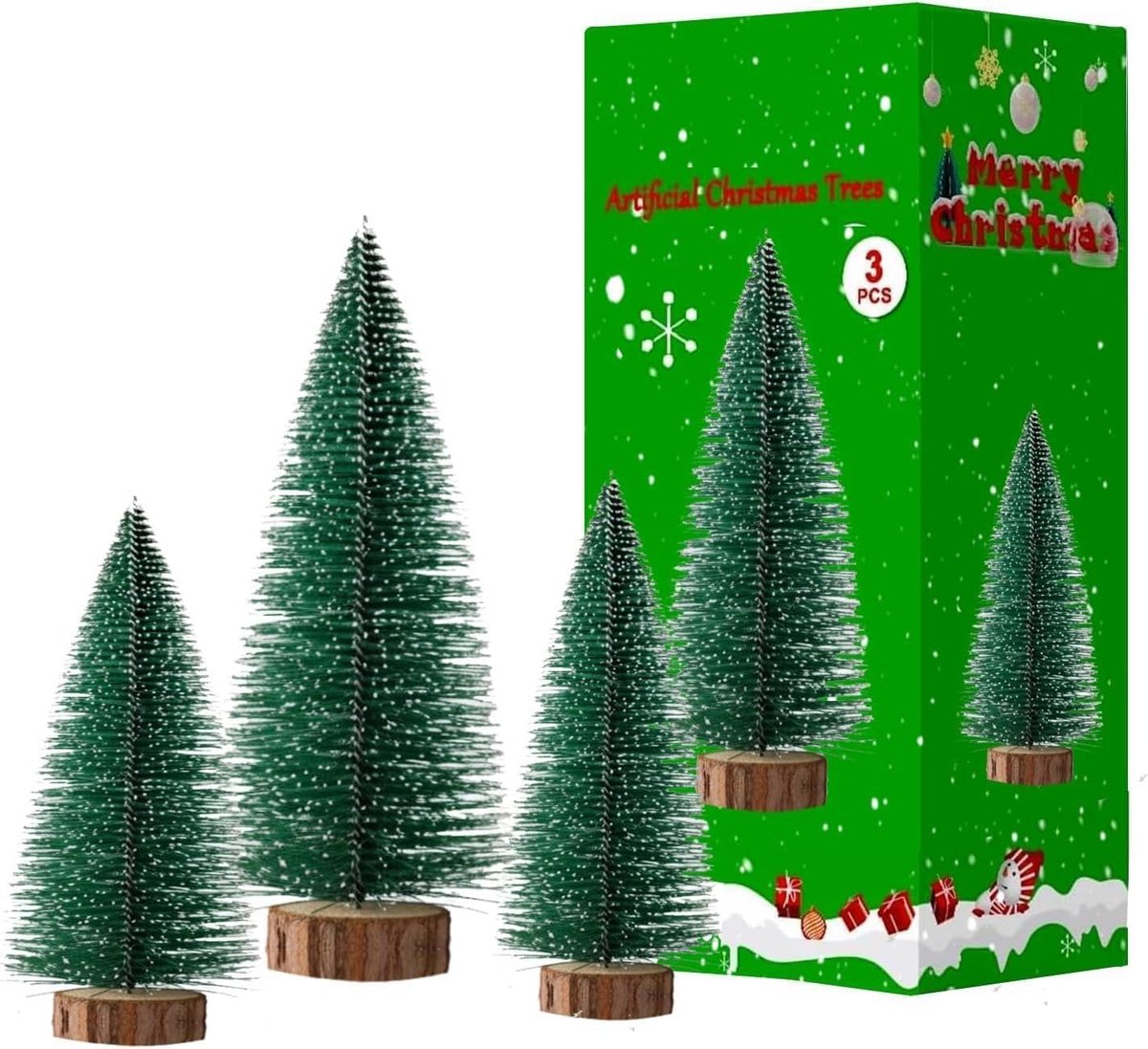 Kerstboom set 3 maten - Kunstkerstboom met houten basis - Mini kerstboom voor tafeldecoratie - SnelShoppen