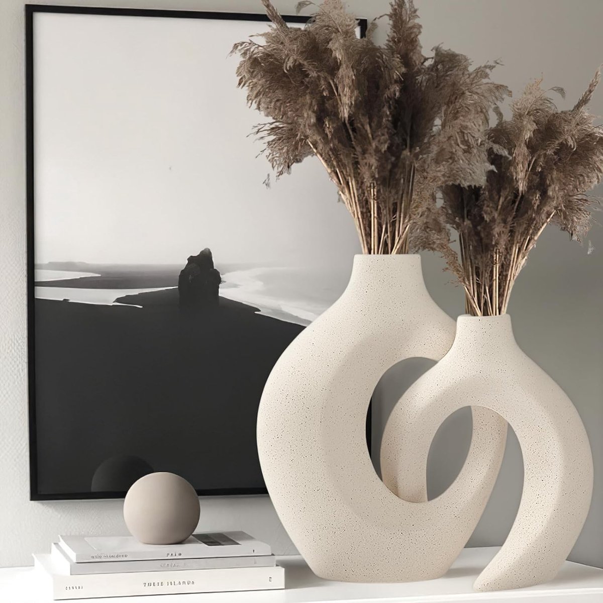 Vaas set van 2 - beige keramiek - moderne ringvorm - perfecte decoratie voor elk interieur - SnelShoppen