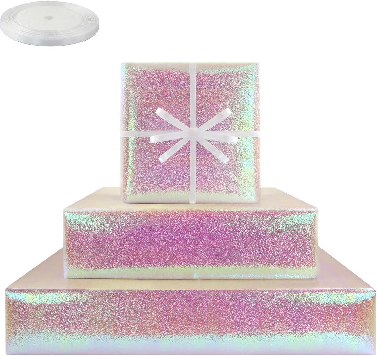 SnelShoppen - Iriserend Cadeaupapier Set van 4 Vellen Metallic Holografisch Wikkelpapier met Wit Lint voor Verjaardag, Babyborrel, Bruiloft en Kerstfe
