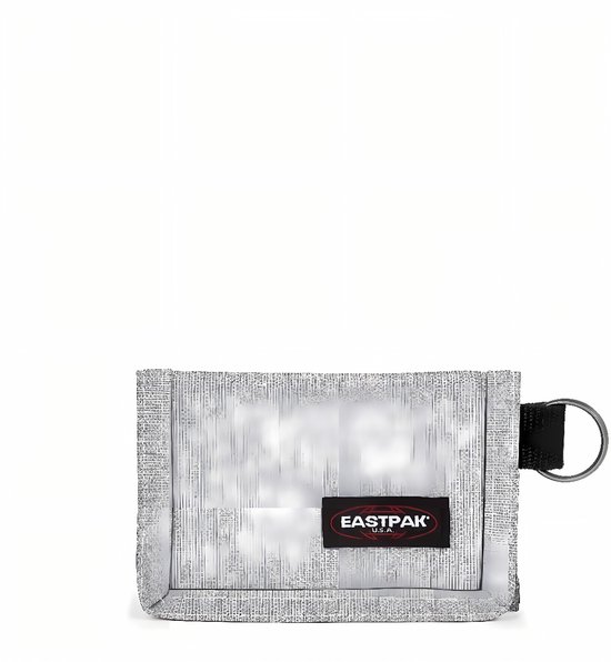 Zilverkleurige Eastpak portemonnee met tijgerprint en EASTPAK logo.