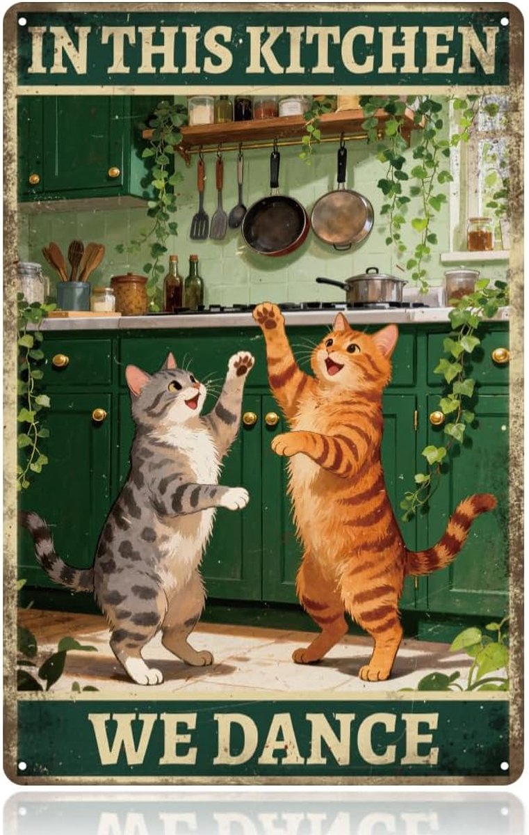 Metaalplaat kat in de keuken 20x29cm - retro tinplaat - grappige wanddecoratie - voor kookliefhebbers - ShopVlot